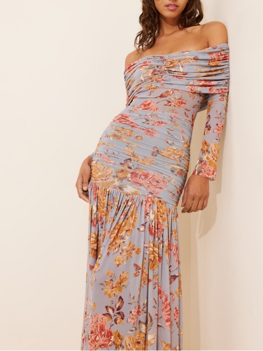 NWT AFRM Vintage Inspired Off-the-Shoulder Long-Sleeve Ruched Lace Maxi Dress - Picture 5 of 9